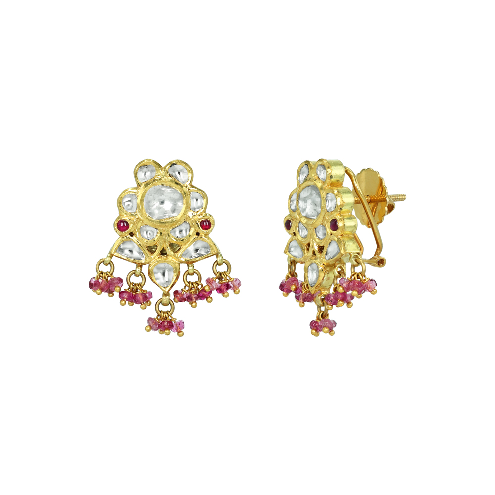 Floral Polki Stud Earrings with Tourmaline Beads and Ruby Accents